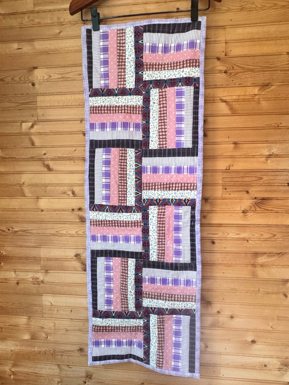 Patchwork Quilted Table Runner Purple Pink Southwest Gingham Cottage Grandma